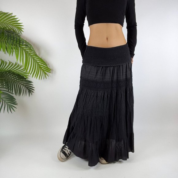 Speed Control Dresses & Skirts - Vintage Y2K Whimsigoth Black Boho Fairy Grunge Cottagecore Maxi Skirt / Size: L